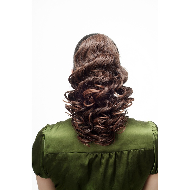 Hairpiece Ponytail voluminous wavy water wave to curly tips chestnut brown mix NC003-2T30