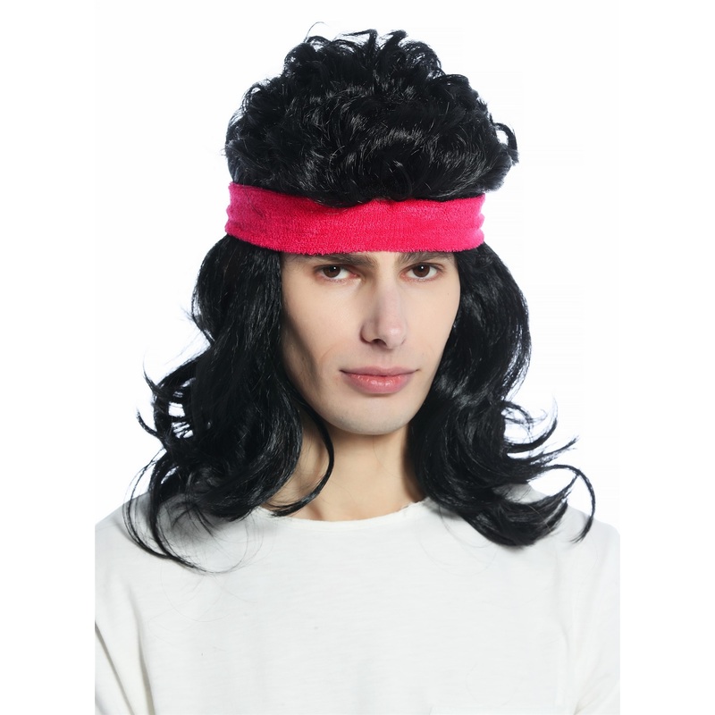 Halloween Carnival Wig & Headband Set 80s Mullet Action Star black CW-028A