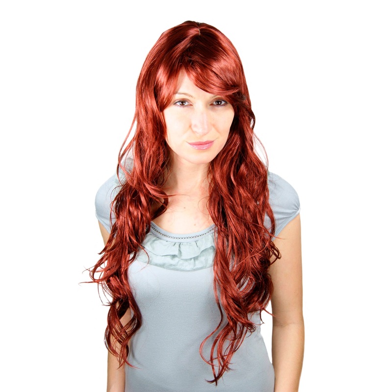 Lady women wig wavy very long side parting wet look dark red 9331