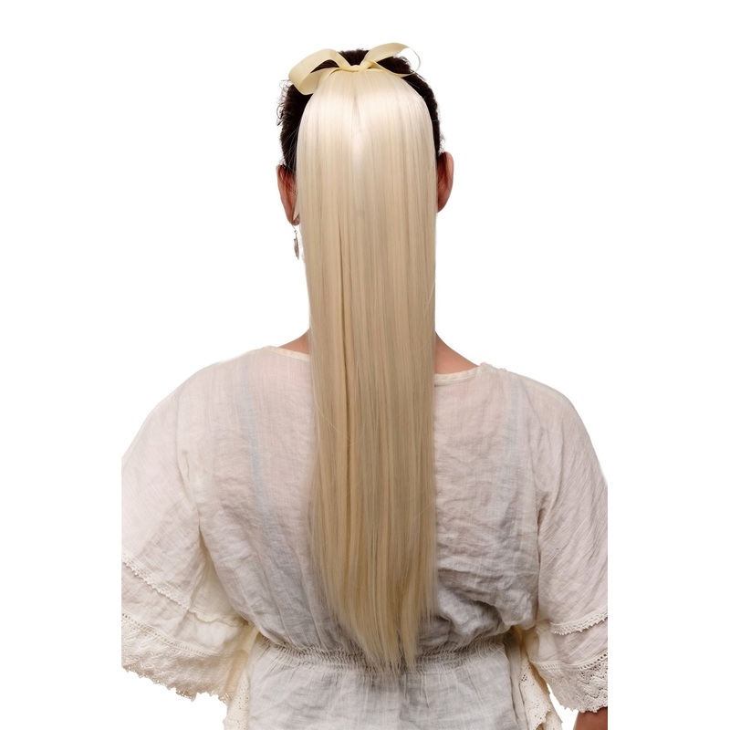 Ponytail comb & ribbon wrap-around hair extension long straight platinum C9429