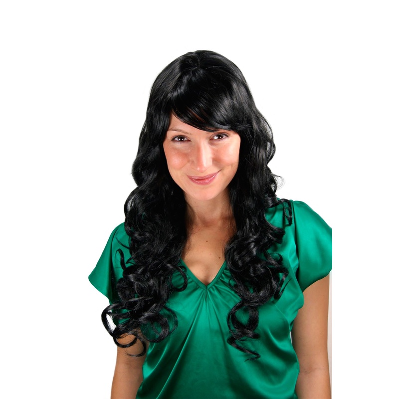 Lady women wig long black stunning volume slight curls wavy bangs fringe 7633