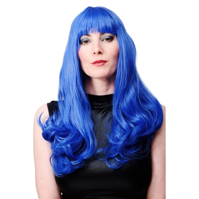 Party Lady wig long blue fringe slightly curled fringe Diva Cosplay Punk WIG021