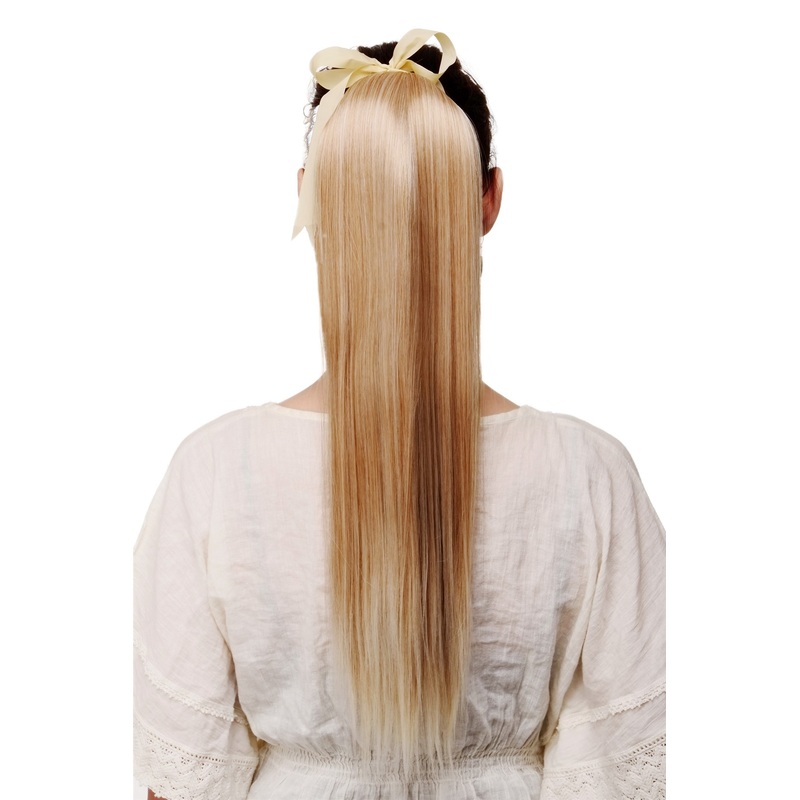 Ponytail comb & ribbon wrap-around hair extension long straight blonde mix C9429
