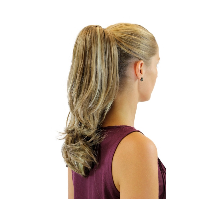 Ponytail Hairpiece long straight curved wavy tips dark blond platinum highlights XF-6175