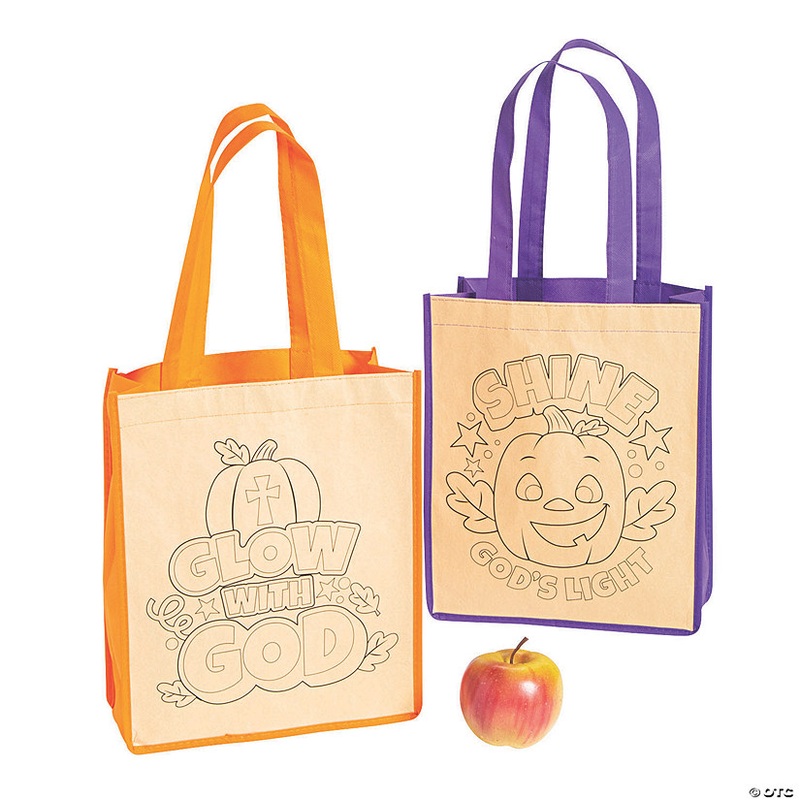 Color Your Own Medium Christian Pumpkin Halloween Nonwoven Tote Bags – 12 Pc.