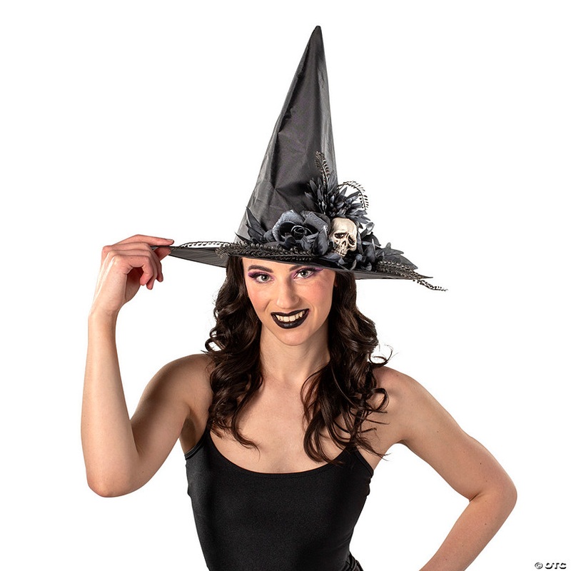 17 1/2 x 14 3/4 Black Flowers & Skull Polyester Witch Hat Costume Accessory