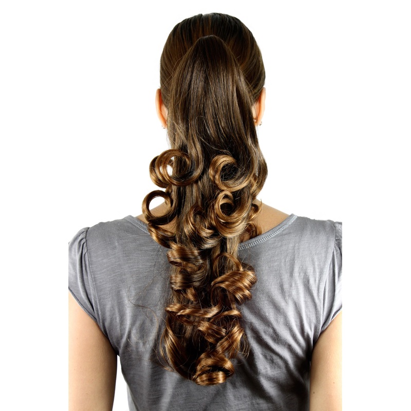 Hairpiece Ponytail extension medium length slightly curled chestnut brown mix NC-19-2T30