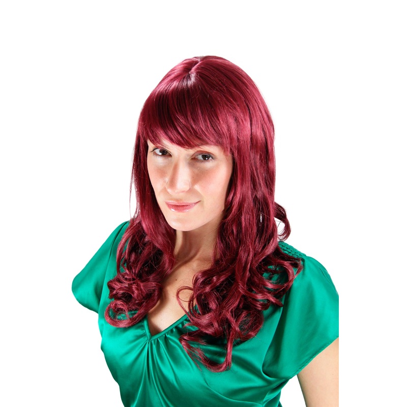 Lady women wig long beautiful curling tips fringe bangs burgundy garnet red 3001