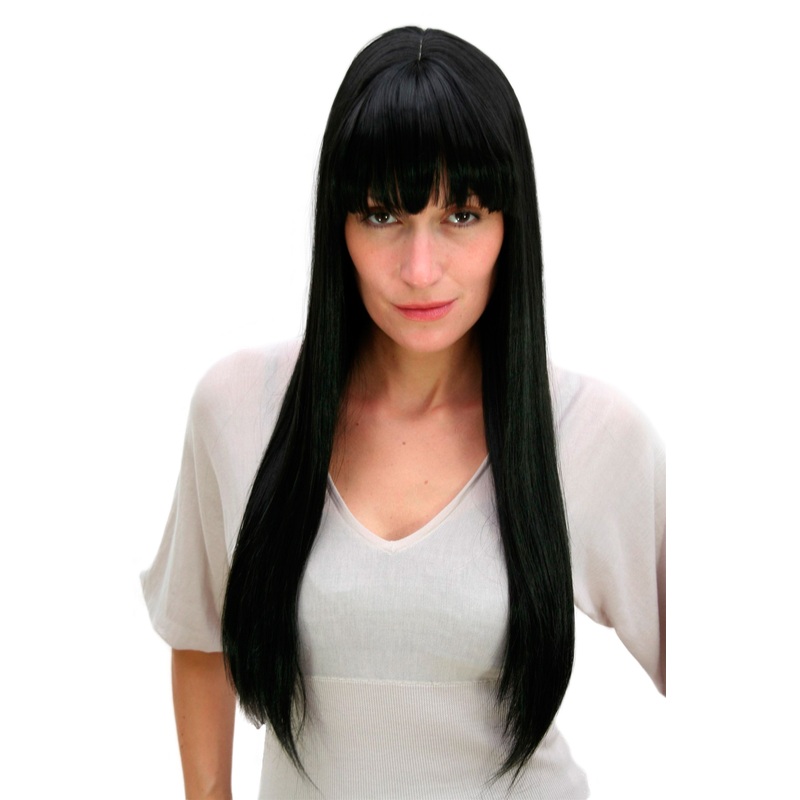 Lady women wig very long raven black fringe bangs seductive Gothic 3113