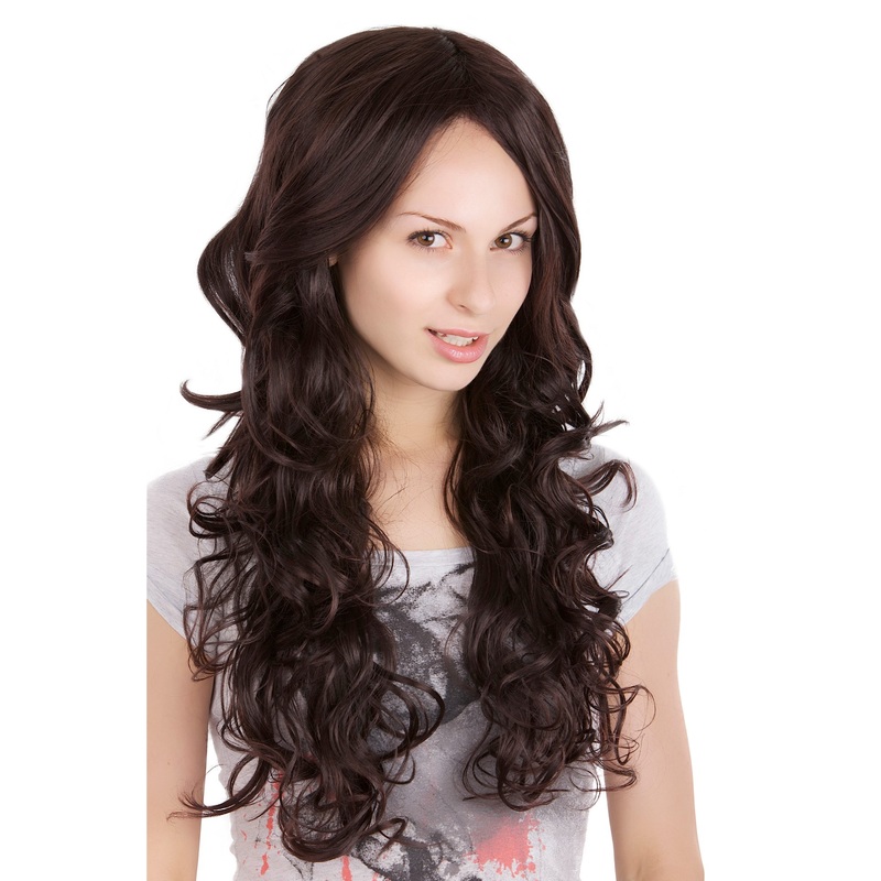Long Lady Women Wig mahogany brown mix Middle Parting curled curls G49031