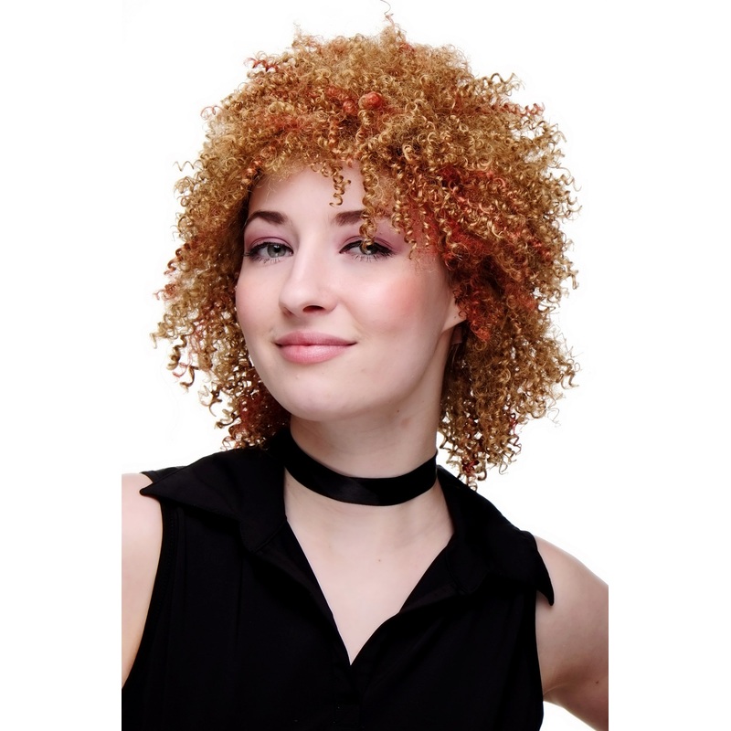 Lady wig cosplay medium long curly kinky frizzy curls afro blond red mix A4001L