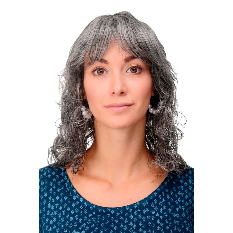 Cute Lady Wig Romantic Curls fringe parted shoulder length dark grey gray MC008