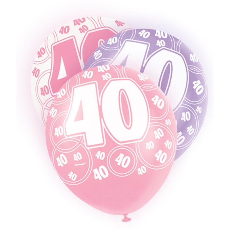 Mix of 6 40th birthday balloon pink 30cm