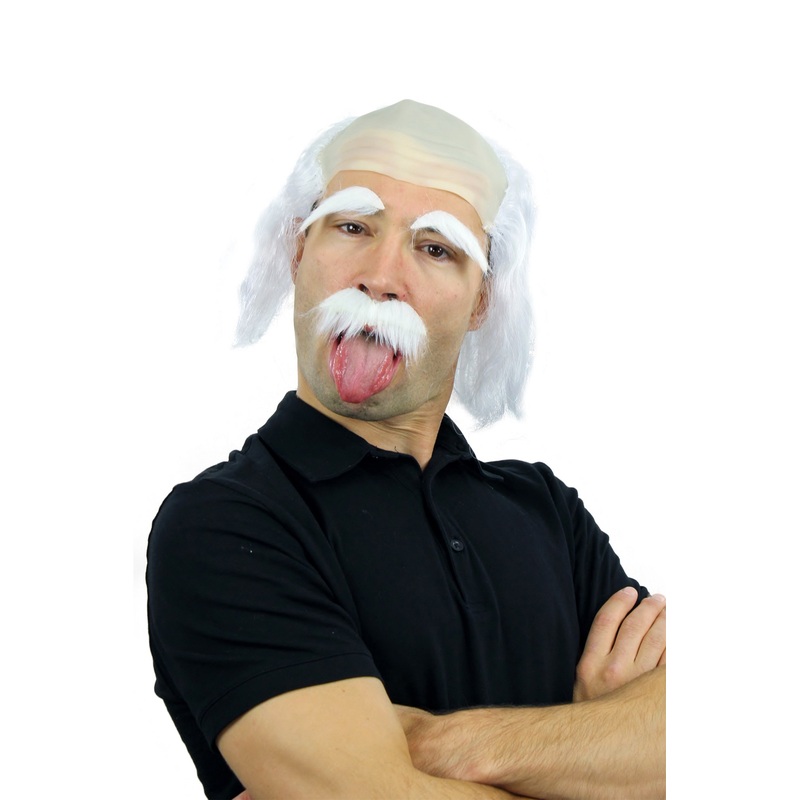 Halloween Wig & Mustache Grandpa Grampa Old Professor Mad Scientist grey 3893