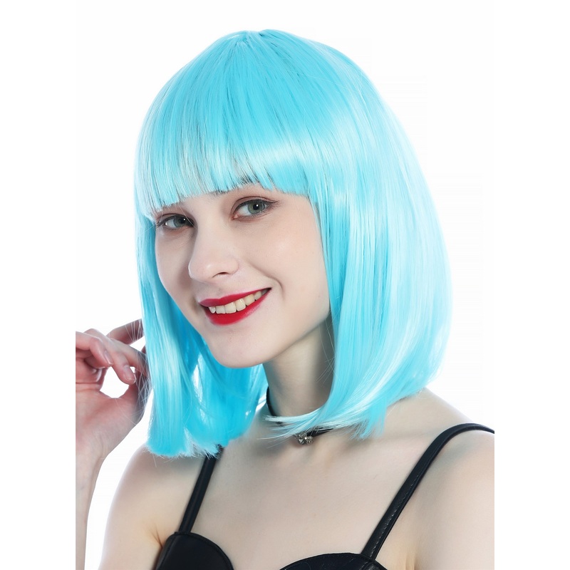 Wig Ladies Women Halloween Carnival short smooth longbob bangs light blue CW-052