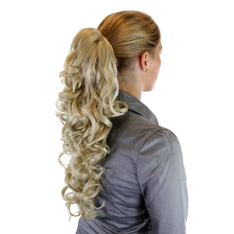 Hairpiece Ponytail combs & draw string curled curls very long light ash blonde WK03-22