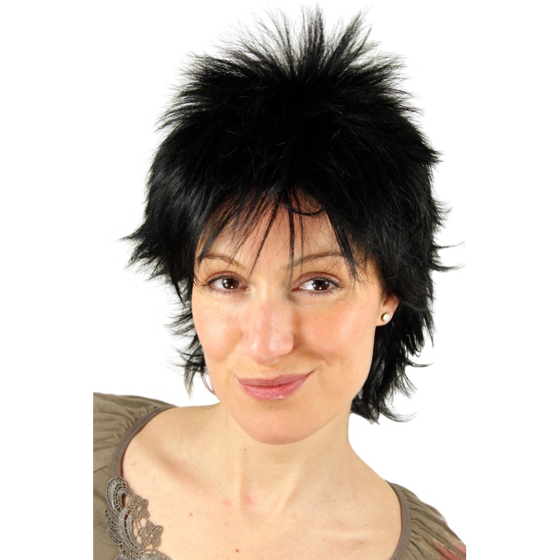 Lady women wig short spikey wild retro styled hair 80s Goth deep black 26155