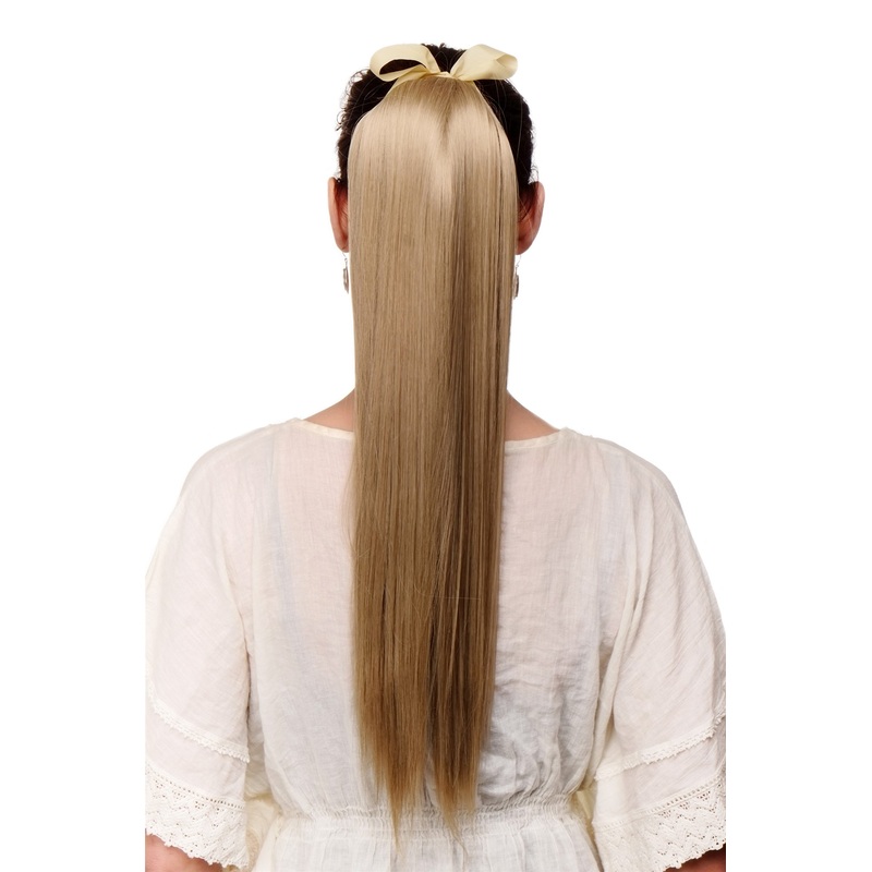 Ponytail comb & ribbon wrap-around hair extension long straight ash blonde C9429