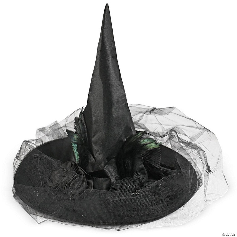Skeleteen Deluxe Pointed Witch Hat – Glamorous Black Witches Accessories Fancy Satin Hat with Bow, Spiders and Black Feathers