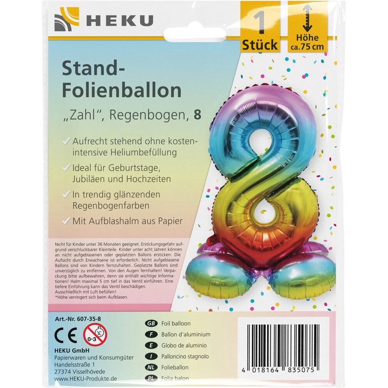 Stand Folienballon Regenbogen Zahl 8 75cm