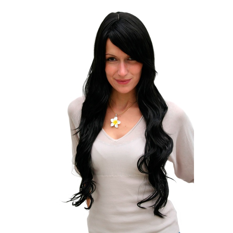Lady women wig very long wavy waved slightly curled side parting off black 9321L