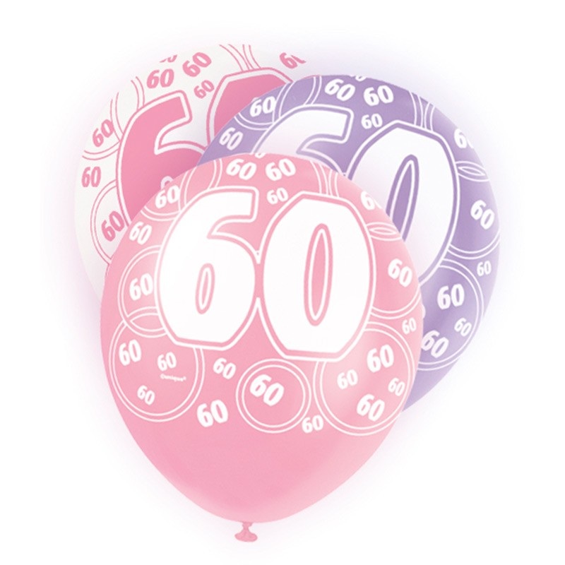 Mix of 6 60th birthday balloons pink 30cm