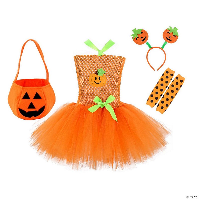 Mykids-Usa – Children’S Halloween Pumpkin Tutu Dress With 3-Piece Jewelry Set – Orange – Kids S (80-90)