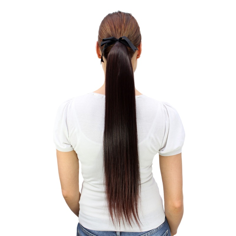 Ponytail comb & ribbon wrap-around extension long straight mahogany brown C9429