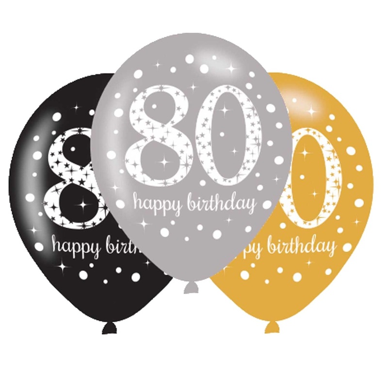 6 golden 80th birthday balloons 27.5cm