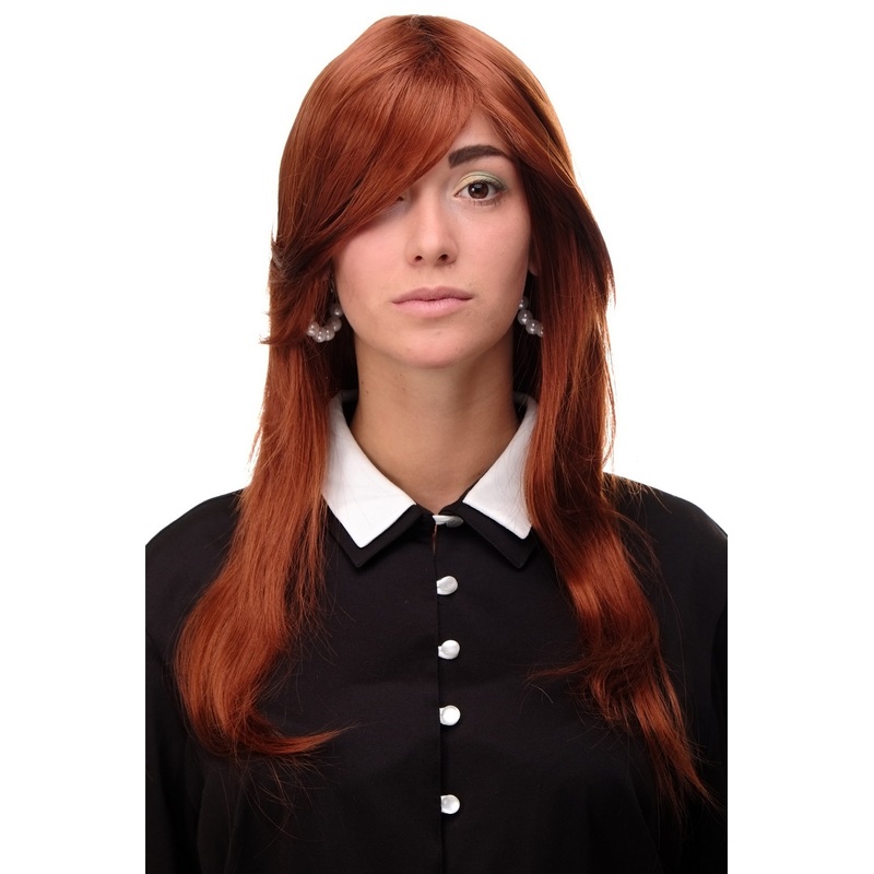 Lady wig medium length long fringe worn to side straight layered copper red 3110