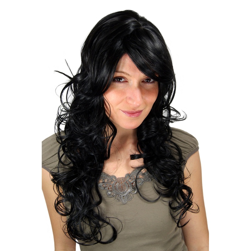Lady Women Wig wavy slightly curled long side parting black 9329
