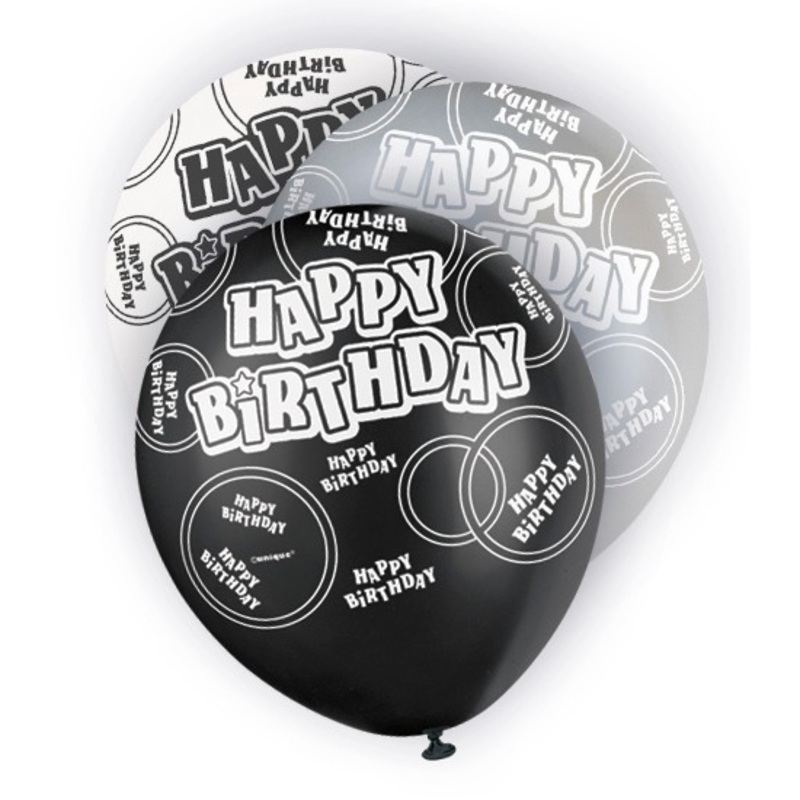 Mix of 6 Happy Birthday balloons black