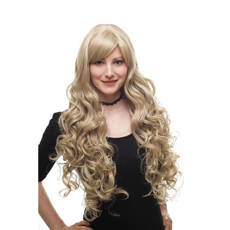 Lady wig extremely long great volume parted fringe curled curls blond mix 3264