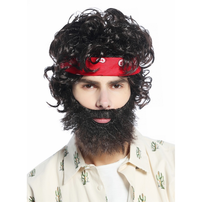 Halloween Carnival wig beard headband set 70s 80s retro curled brown CW-036
