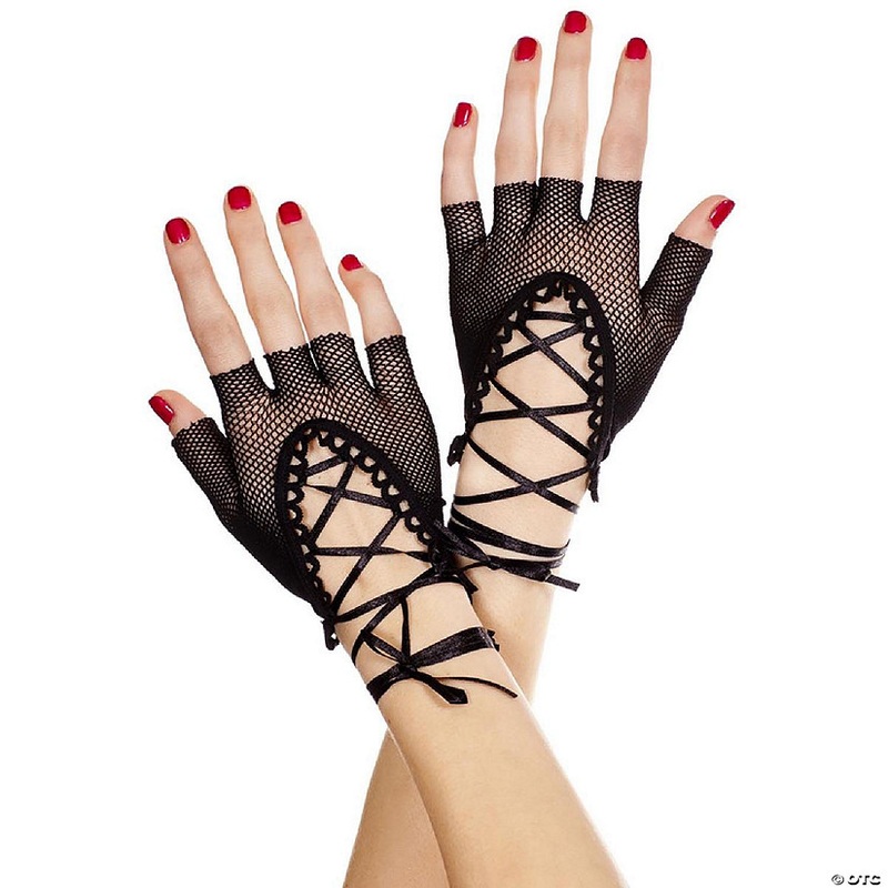 Music Legs 413-BLACK Lace Up Wrist Length Fishnet Fingerless Gloves – Black – One Size