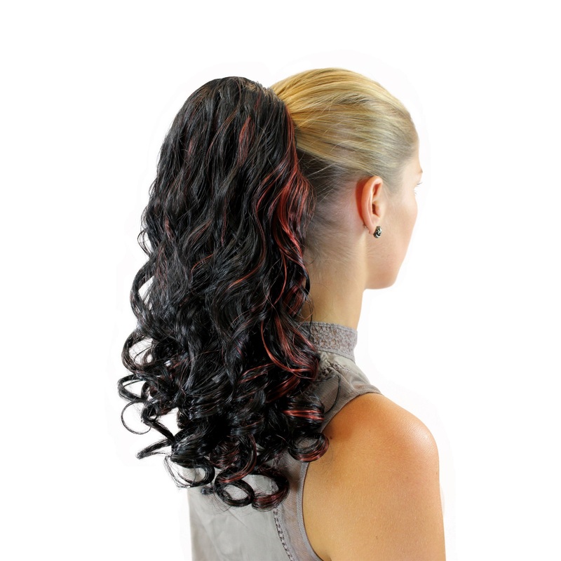 Haarteil Ponytail Hairpiece extension very long curled curls black red mix JL-3274