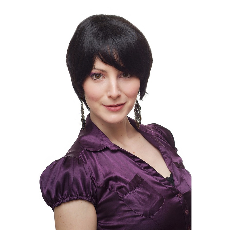 Lady women wig short Page Bob straight black sexy parted fringe 1249