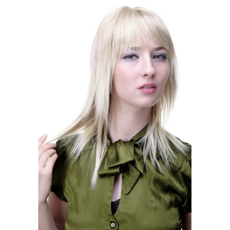 Lady women wig short straight layered frayed cut fringe blond platinum mix 6078