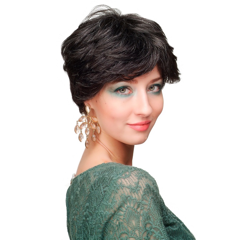 Lady women wig classic short classy style black mottled grey dark gray CM-37