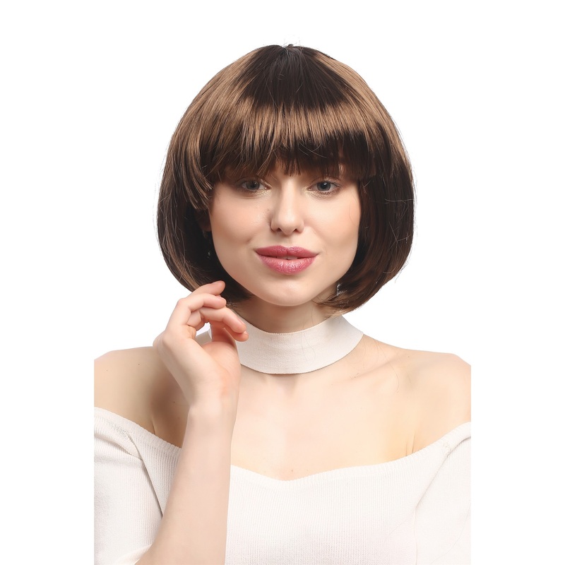 Party Halloween Disco lady women wig Bob fringe bangs short sexy brown PW0114