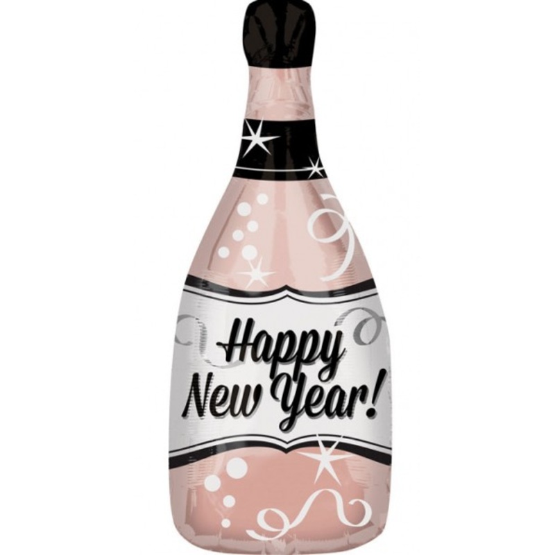 Pink New Year champagne bottles foil balloon 66cm